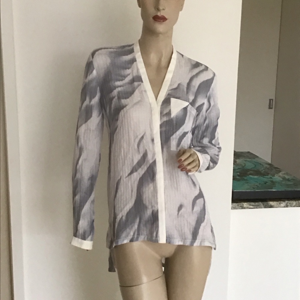 Helmut Lang Mars Print White Gray Marble Pocket Silk Button Down Blouse Top P XS - Picture 2 of 5